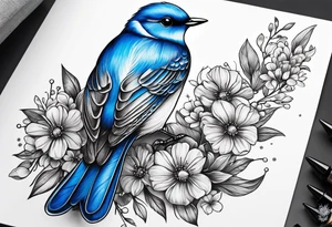 Illustrate a tattoo of a tiny bluebird with intricate feather details, surrounded by small flowers for a feminine touch. tattoo idea