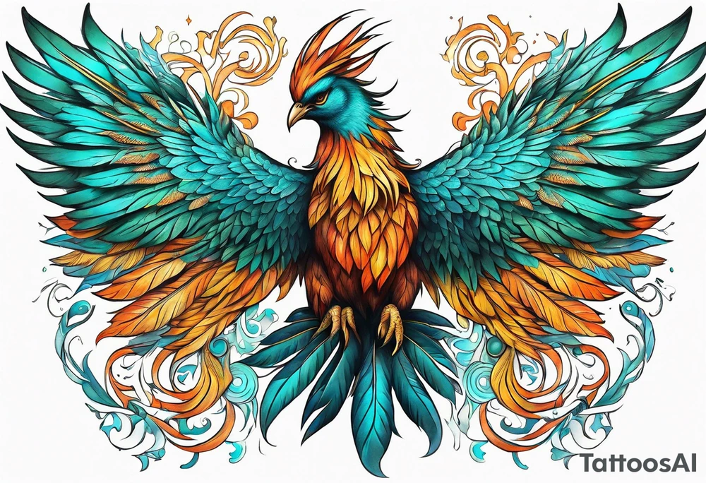Proud Strong phoenix with turquoise ends of wings tattoo idea