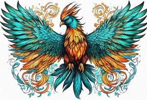 Proud Strong phoenix with turquoise ends of wings tattoo idea