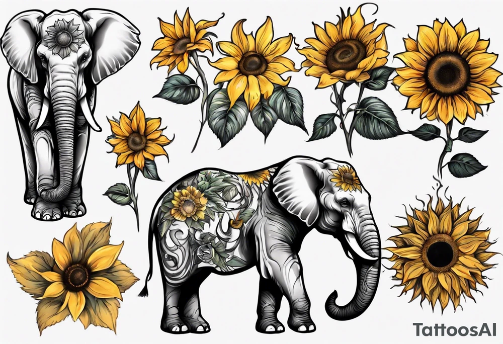Elephant with Raised trunk and sunflower tattoo idea