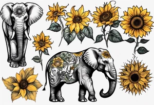 Elephant with Raised trunk and sunflower tattoo idea
