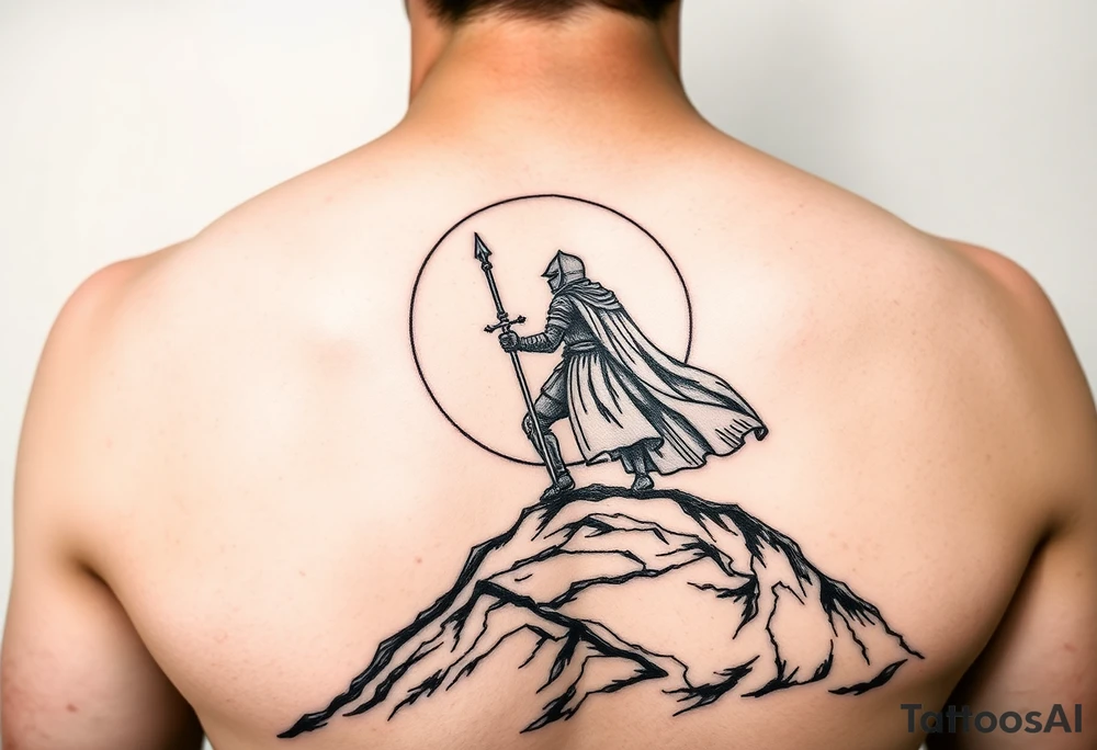 Powerful knight on the hillside sun in the background tattoo idea