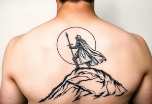 Powerful knight on the hillside sun in the background tattoo idea