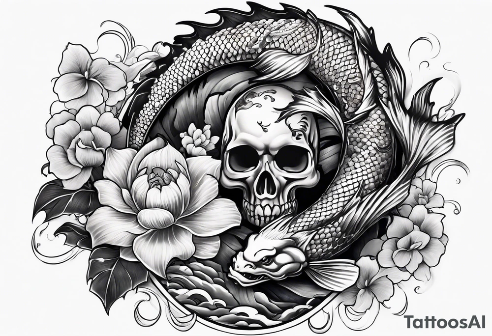 Dark skull and dragon  koi fish tattoo idea