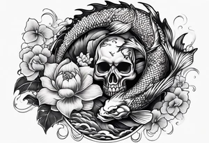 Dark skull and dragon  koi fish tattoo idea