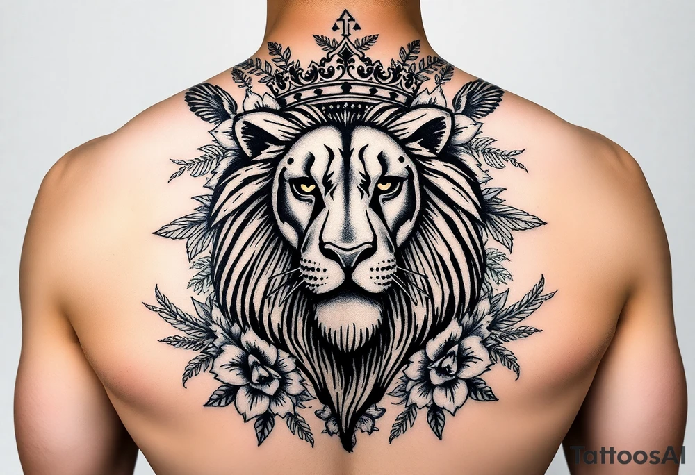 powerful majestic lion with a crown, surrounded by floral ornaments and birds tattoo idea