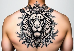 powerful majestic lion with a crown, surrounded by floral ornaments and birds tattoo idea