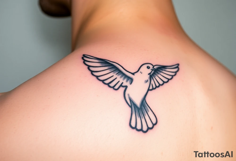 A realistic collared dove in flight, wings spread wide with soft gray and white feathers, symbolizing peace and freedom tattoo idea