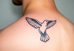 A realistic collared dove in flight, wings spread wide with soft gray and white feathers, symbolizing peace and freedom tattoo idea