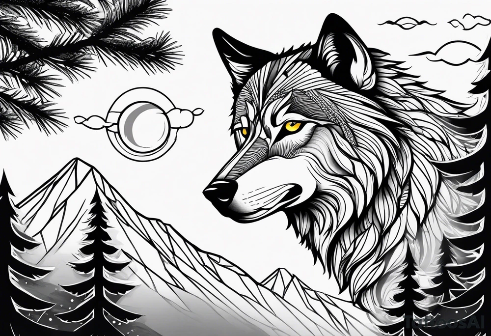 Mountains, wolf eyes underneath tattoo idea