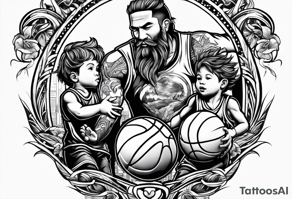 Dad playing basketball with 2 kids tattoo idea