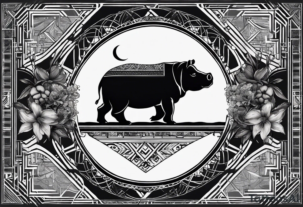 Very asymmetrical, +geometric pattern, with realistic full moon, with hippo at side look, +tribal, +geometric, +inkart , +blackwork, +grey scale, + sketch
with wintersweet flower bud, +inkart touch, +for men, detailed , combined favourite tattoo idea