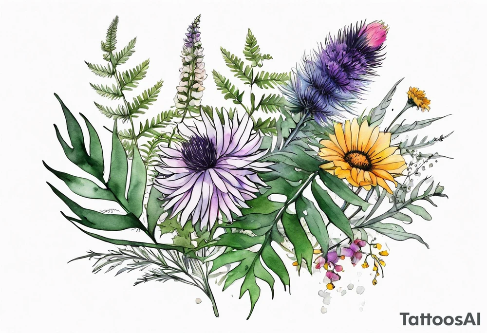 spread out mixed wildflower bouquet with ferns, thistle and with watercolor tattoo idea