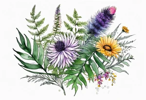 spread out mixed wildflower bouquet with ferns, thistle and with watercolor tattoo idea
