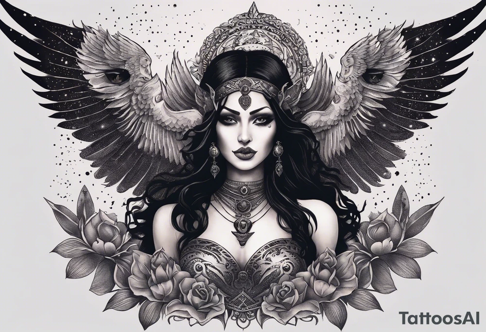black kali, goddess pirate, alien, angel, pachamama, valkrye, warrior, flying, skull, lotus azul, wing, eagle, zenza resonance, stars, 5D, anahata chakra, death, durga, riding on a tiger, flying lady, chest tatoo tattoo idea