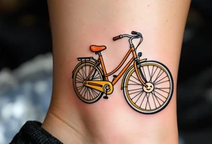 A bicycle with the wheels forming smiling faces, with a blend of bright colors like yellow, orange, and pink for a light-hearted, cheerful design. tattoo idea