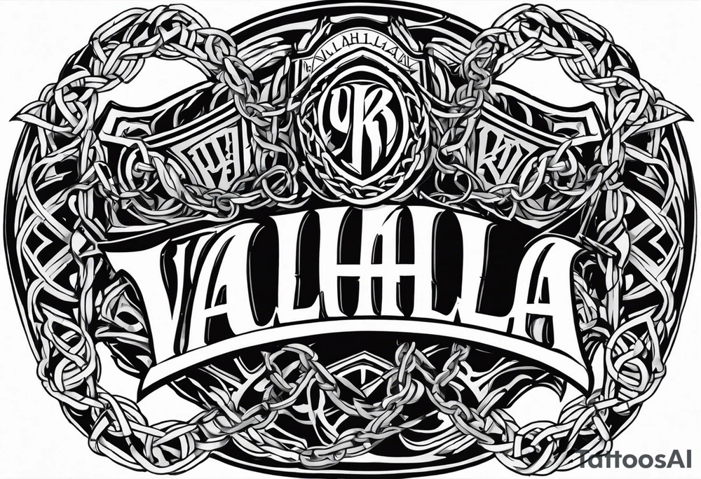 Valhalla round shield axe barbed wire chains tattoo idea