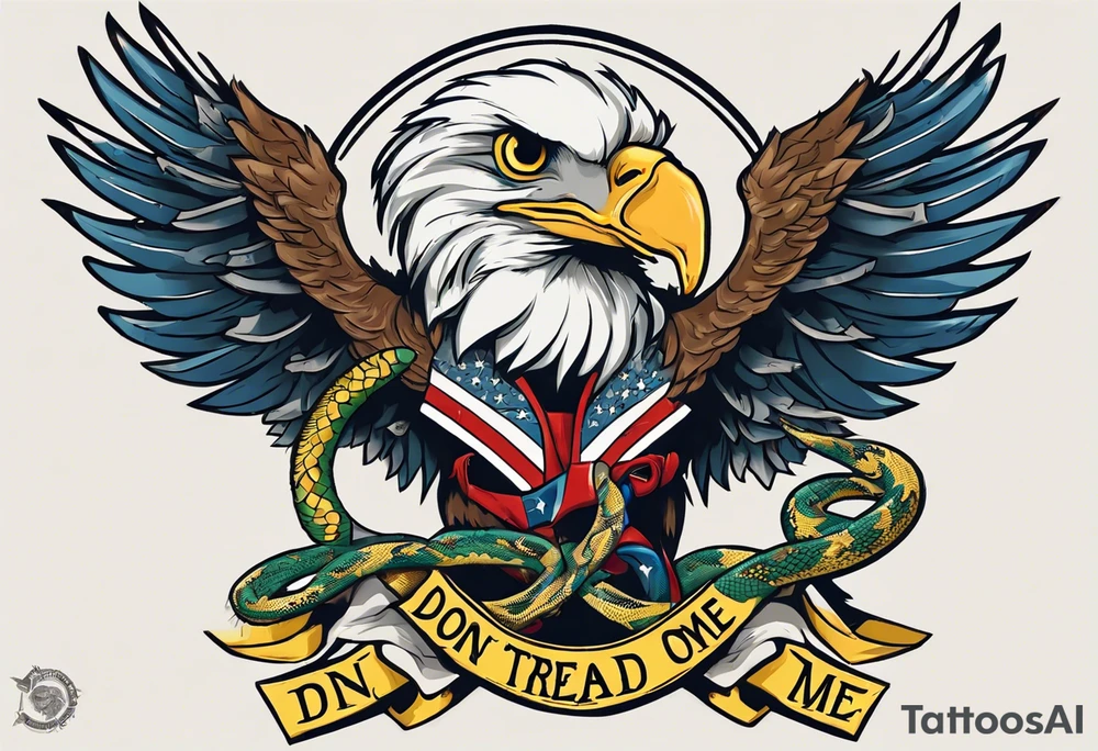 American traditional Bald Eagle carrying a snake in its talons, with a banner reading “don't tread on me” tattoo idea