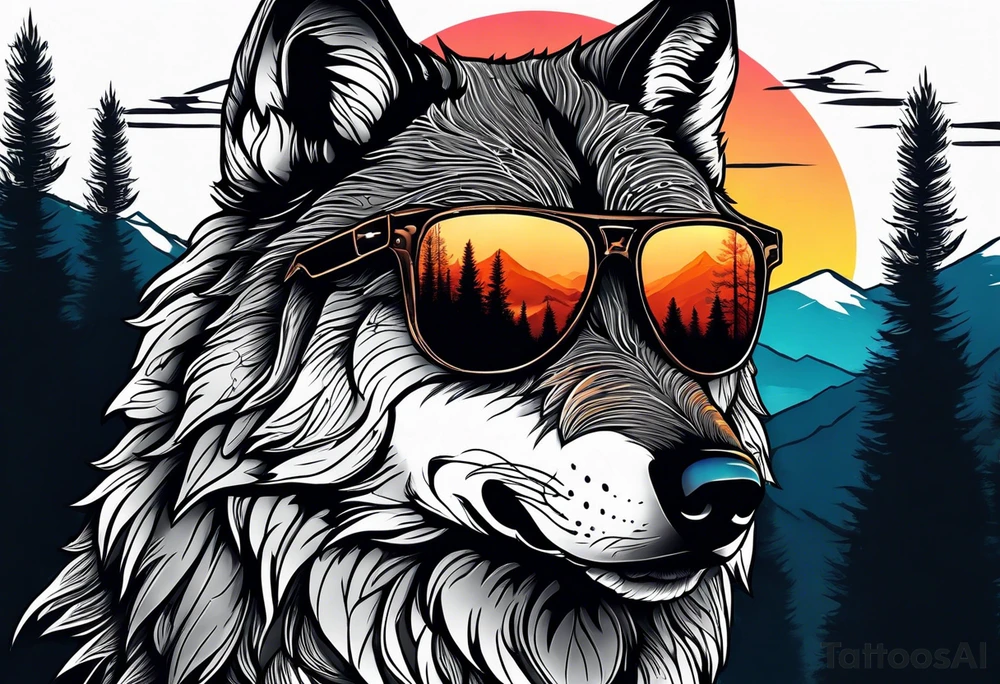 Badass wolf wearing sunglasses
Dark woods
Mountains
Sunset tattoo idea