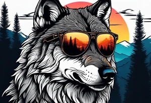 Badass wolf wearing sunglasses
Dark woods
Mountains
Sunset tattoo idea