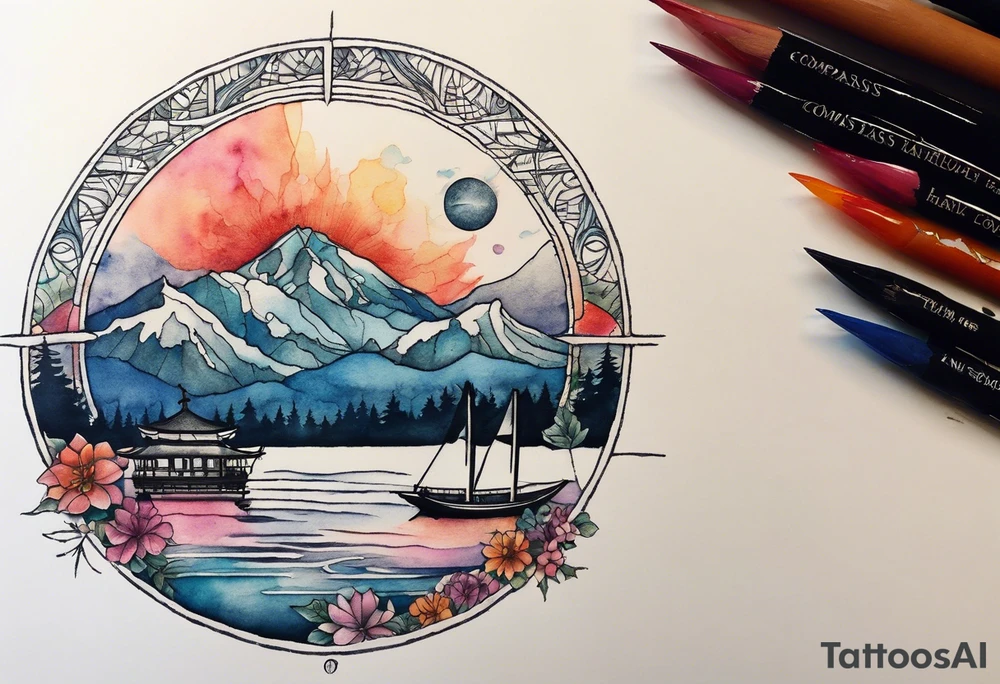 compass rose with half moon bay, mountains, Kansas city skyline and European landmark, spilled watercolor and tiny jet plane silhouette and a tiny ski boat in the water tattoo idea