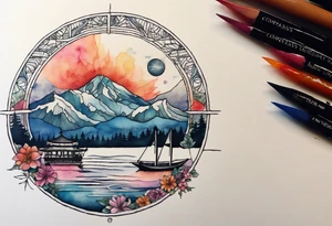 compass rose with half moon bay, mountains, Kansas city skyline and European landmark, spilled watercolor and tiny jet plane silhouette and a tiny ski boat in the water tattoo idea