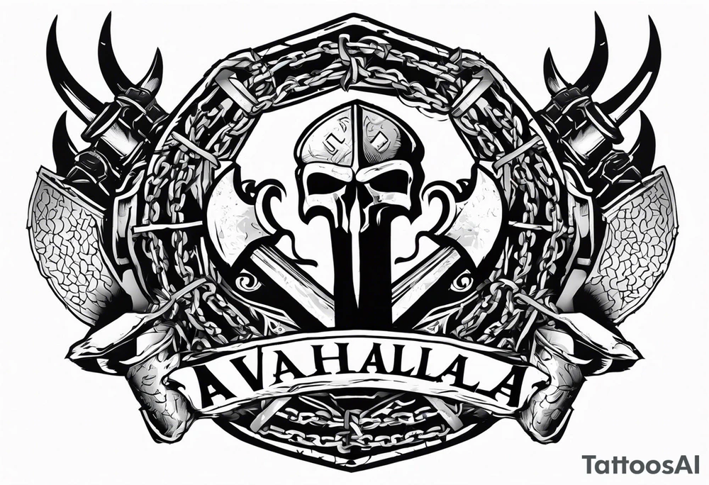 Valhalla round shield axe barbed wire chains tattoo idea