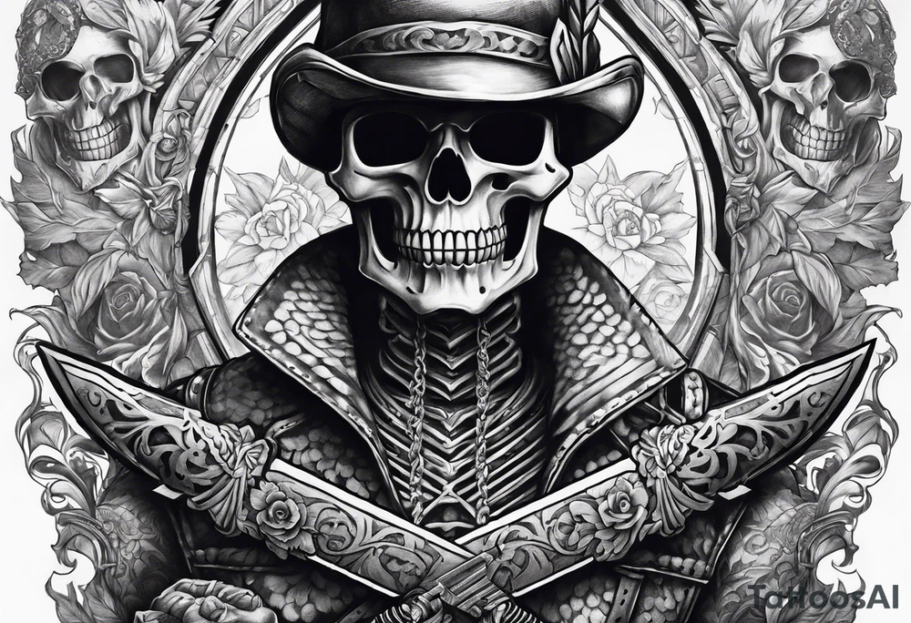 skelaton with knife in back tattoo idea