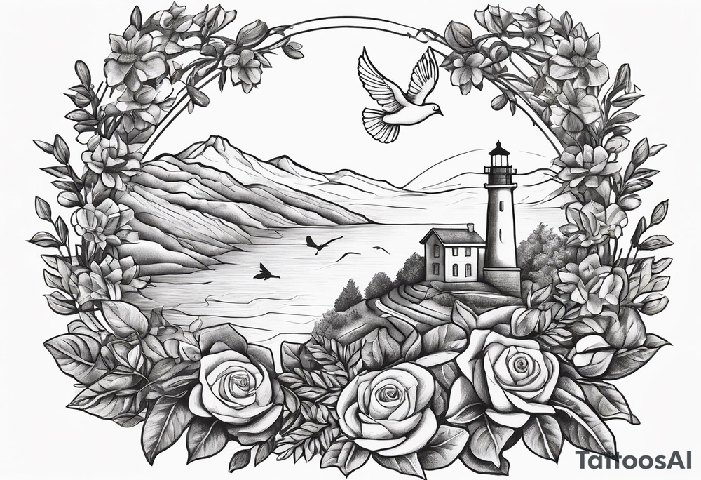 Create a Mediterranean climate with a mountain in the background, add an oak tree, a rose bush, a dove with an olive leaf, a playing harp, a lighted lighthouse tattoo idea