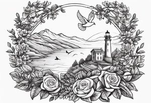 Create a Mediterranean climate with a mountain in the background, add an oak tree, a rose bush, a dove with an olive leaf, a playing harp, a lighted lighthouse tattoo idea