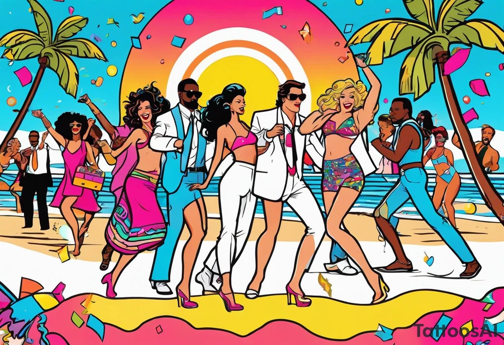 1980's miami vice style beach dance 
party, include confetti, music notes, boom box, bikinis sunset in the center tattoo idea