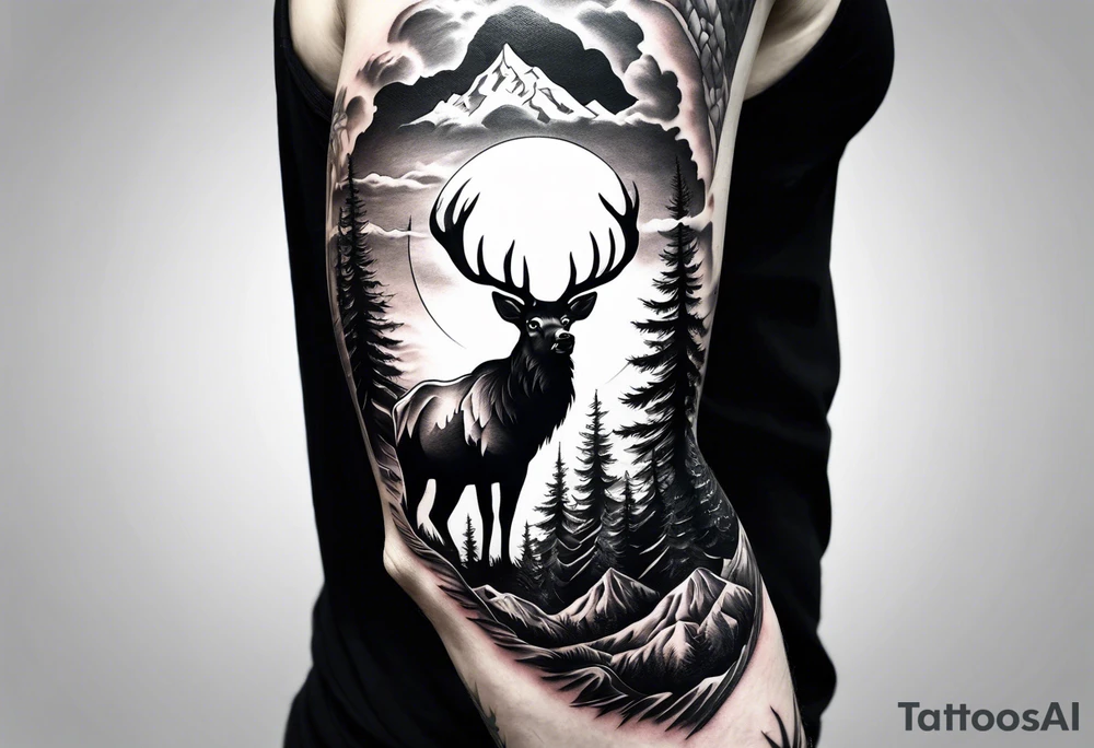 Arm sleeve with a mountain and elk tattoo idea