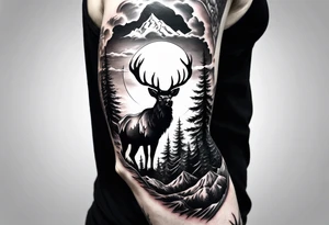 Arm sleeve with a mountain and elk tattoo idea