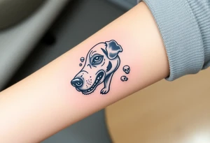 Half dead half alive zombie Brindle dog with the name kiwi . And some tiny skulls tattoo idea