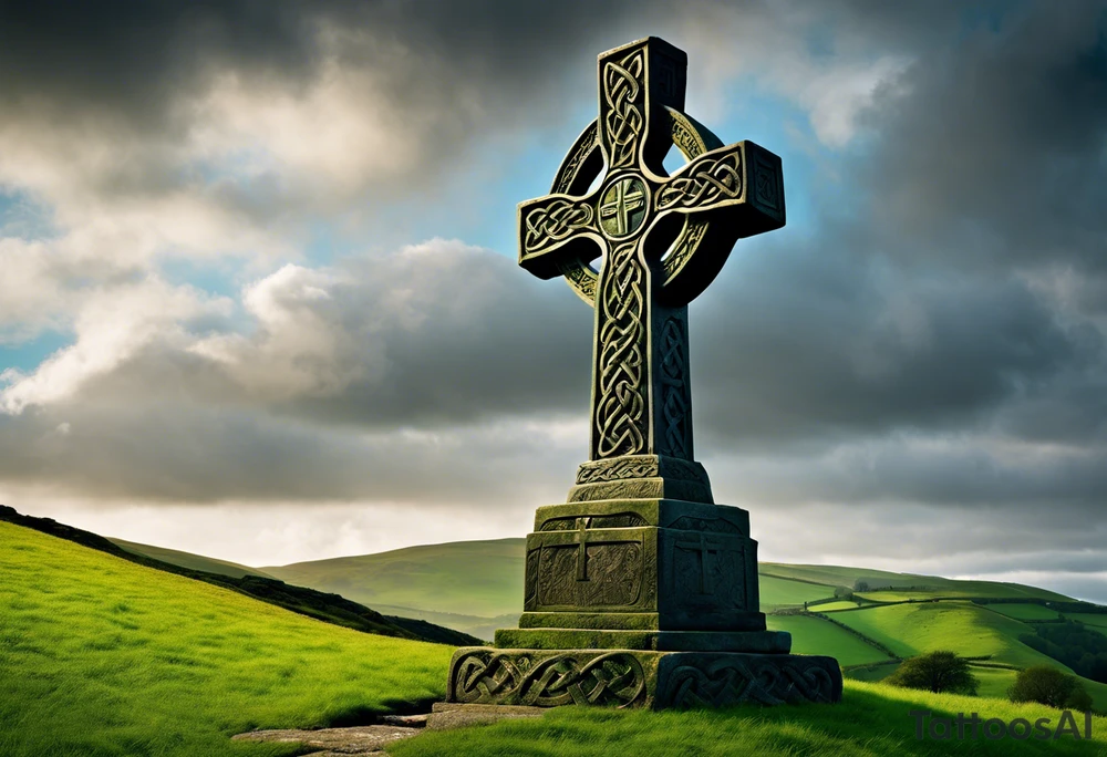 A large, weathered stone Celtic cross standing proudly atop a lush green hill, its four arms stretching skyward. The cross is intricately carved with intertwining knots and spirals, reflecting the artistry of the ancient Celts. A large raven sits perched at the intersection of the cross's arms, its ebony feathers gleaming in the soft light. The bird's eyes seem to hold a wisdom beyond its years, as if it has been witness to countless generations come and gone. tattoo idea