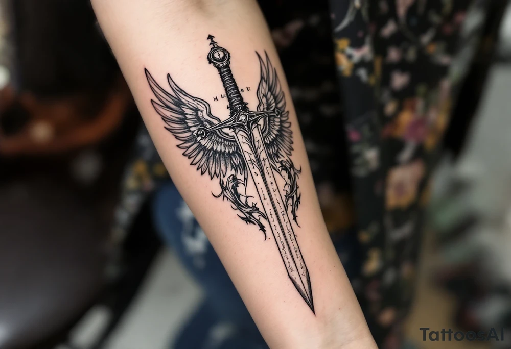 Momentum mori engraved on the sword of the angel of death tattoo idea