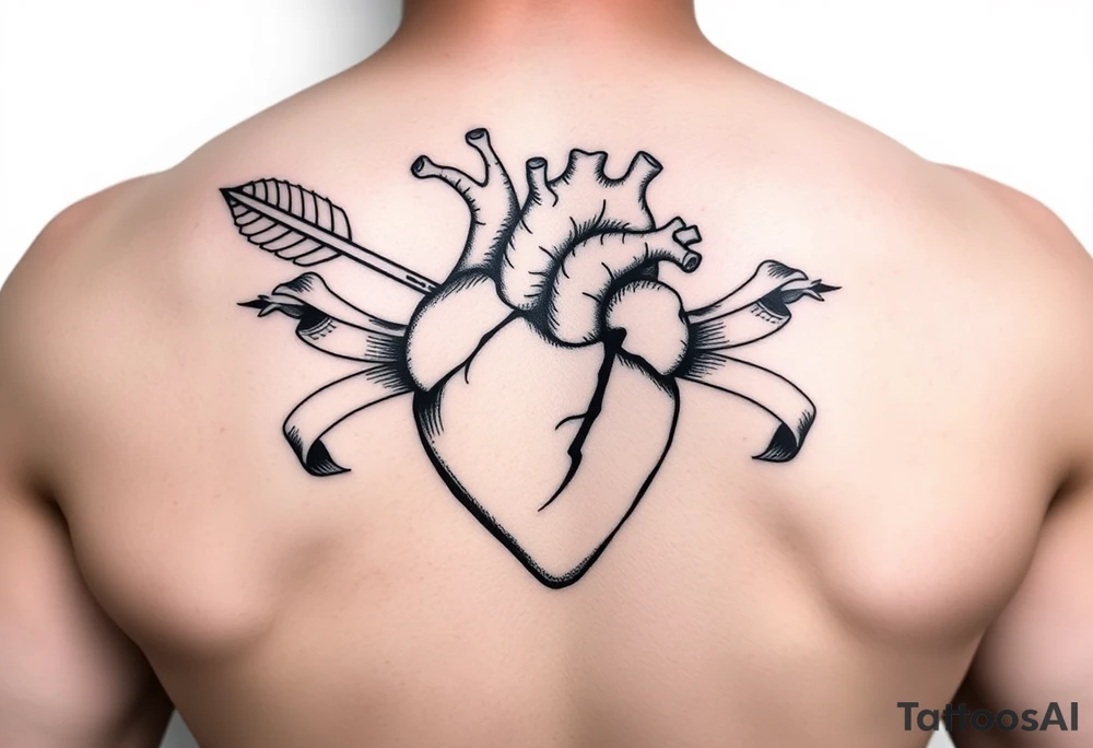 anatomical heart pierced by ornate arrow with flowing ribbons tattoo idea