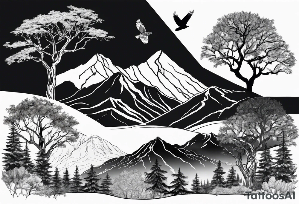 A mountain scape with trees. 5 silhouettes of birds. tattoo idea