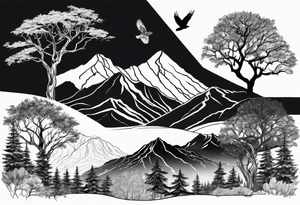 A mountain scape with trees. 5 silhouettes of birds. tattoo idea