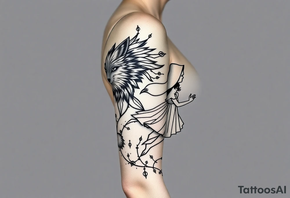 Big bad wolf running behind little red riding hood tattoo idea