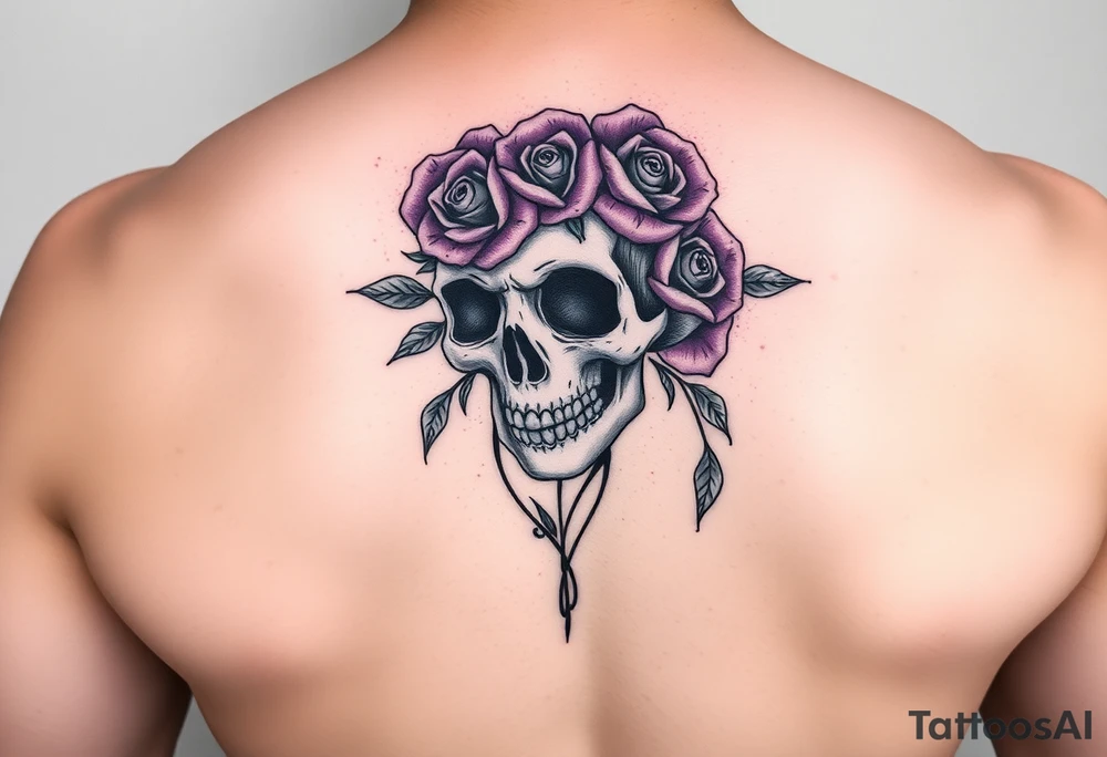 Feminine skull with purple roses tattoo idea