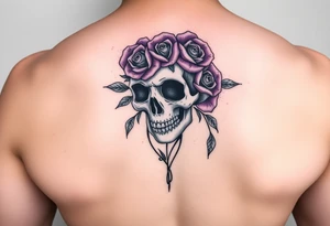 Feminine skull with purple roses tattoo idea