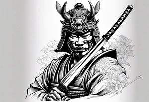 samurai with a hannya mask that covers half of his face who is in a slightly tilted posture holding a katana in an attack position tattoo idea