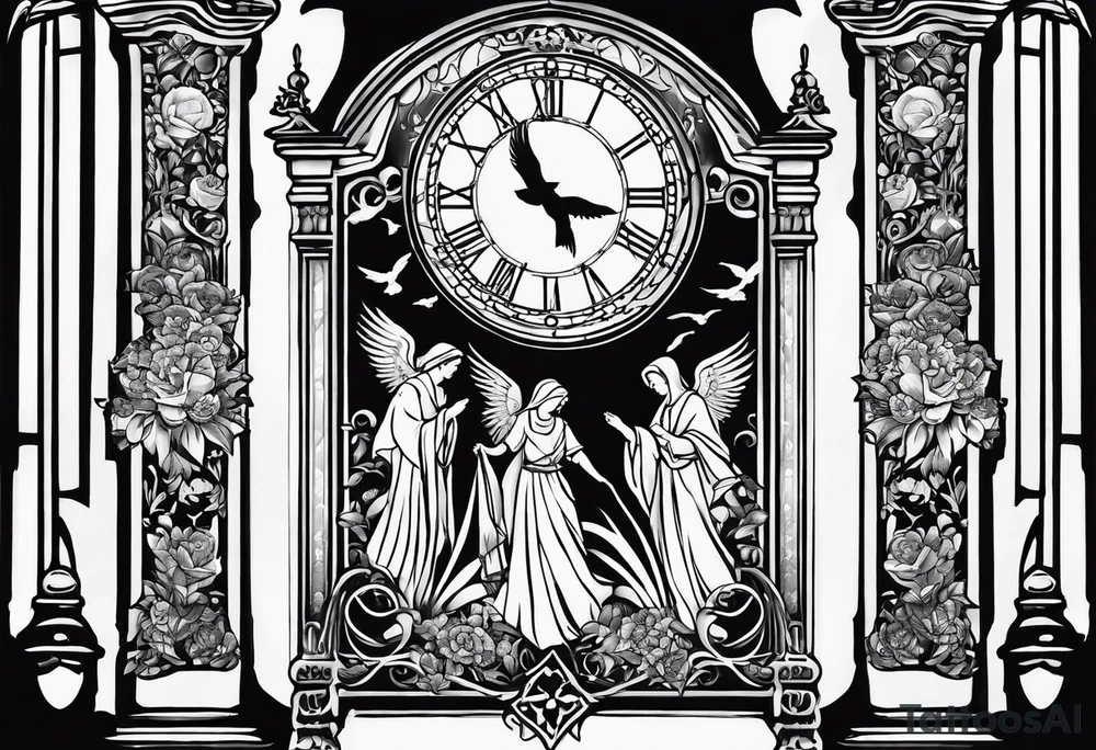 Forearm tattoo:
Mawmaw
07-05-38 / 09-23-24
Grandson and grandma silhouette walking up to the gates of heaven with the gates opened shinning bright with a cross and Doves flying around 
Big Busted clock behind it with the time of her death 7:00pm tattoo idea