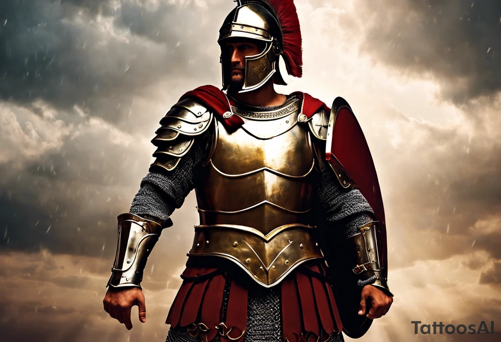 a high ranking roman soldier from AD 60, wearing armor which must include an armoured belt, breastplate, armoured shoes, shield, helmet and sword.
the soldier must look strong. the soldier is faceless. The image must include the full person, not just the top half. The soldier is mid-battle, fending off flaming arrows with his shield tattoo idea