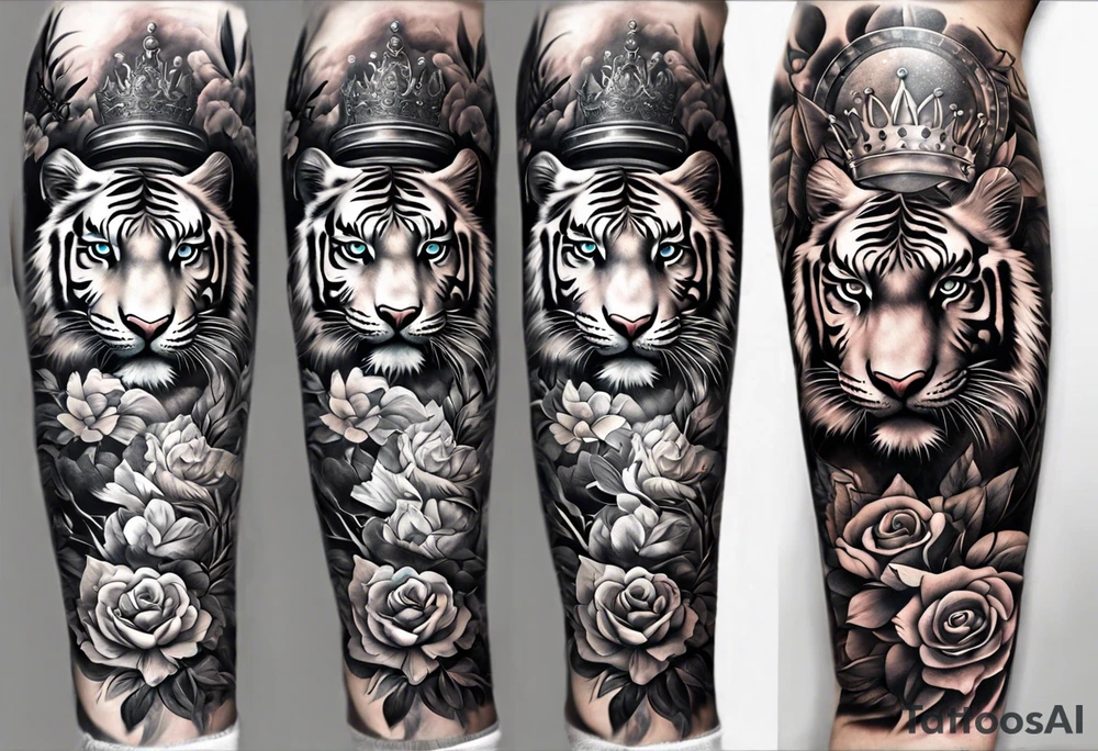 Full right arm sleeve a tiger at the top with a crown and third eye underneath a large hour glass with a brain and heart inside of it tattoo idea