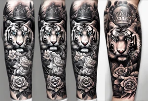 Full right arm sleeve a tiger at the top with a crown and third eye underneath a large hour glass with a brain and heart inside of it tattoo idea