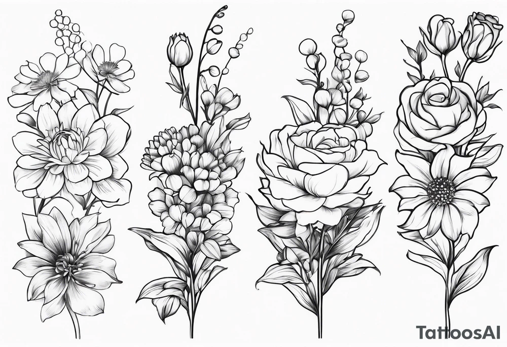 Asters, roses, lily of the valley, and chrysanthemums in a long line tattoo idea