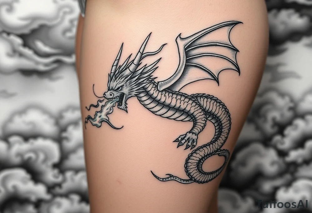 fierce dragon breathing iridescent fire against stormy skies tattoo idea