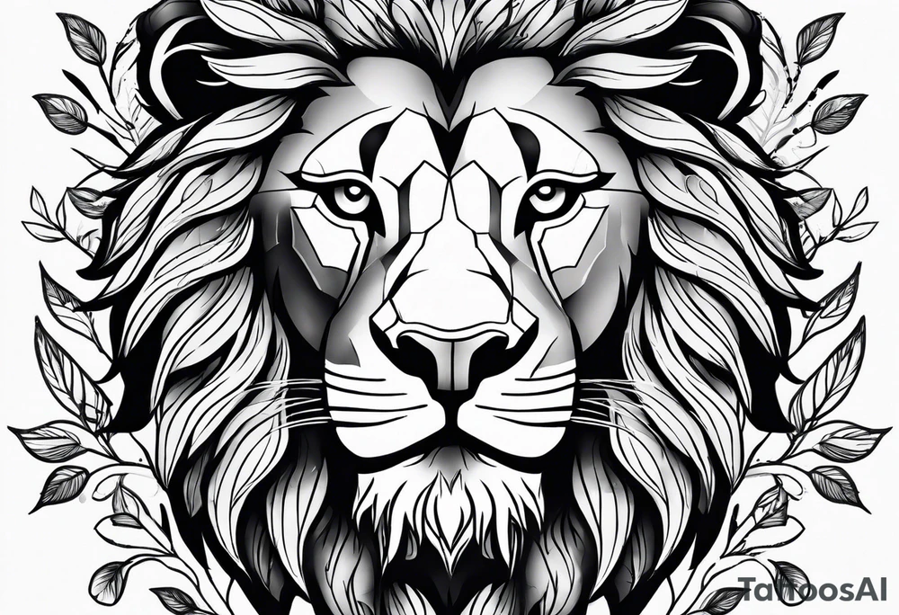 Lion face with leaves tattoo idea